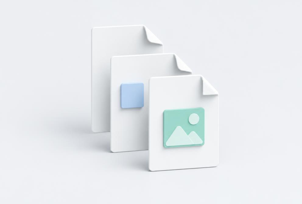 Three neatly stacked file sheets with image and document symbols